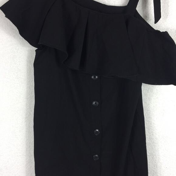 Sea NY Black Ruffle Off Shoulder Mini Dress Small Button Loose Linen Shirtdress - Picture 9 of 14